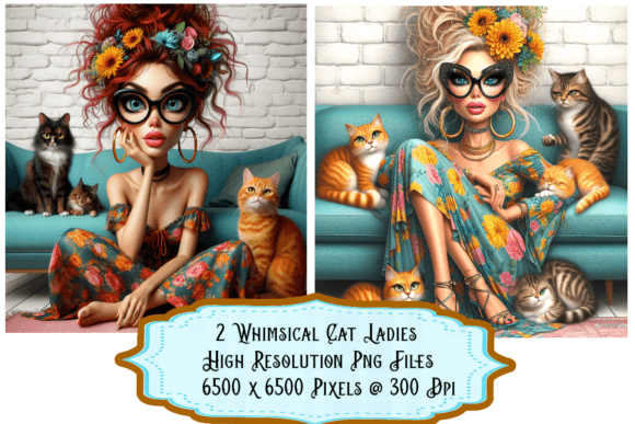 Download Pretty Women with Cats Set of 2 - Women Collection